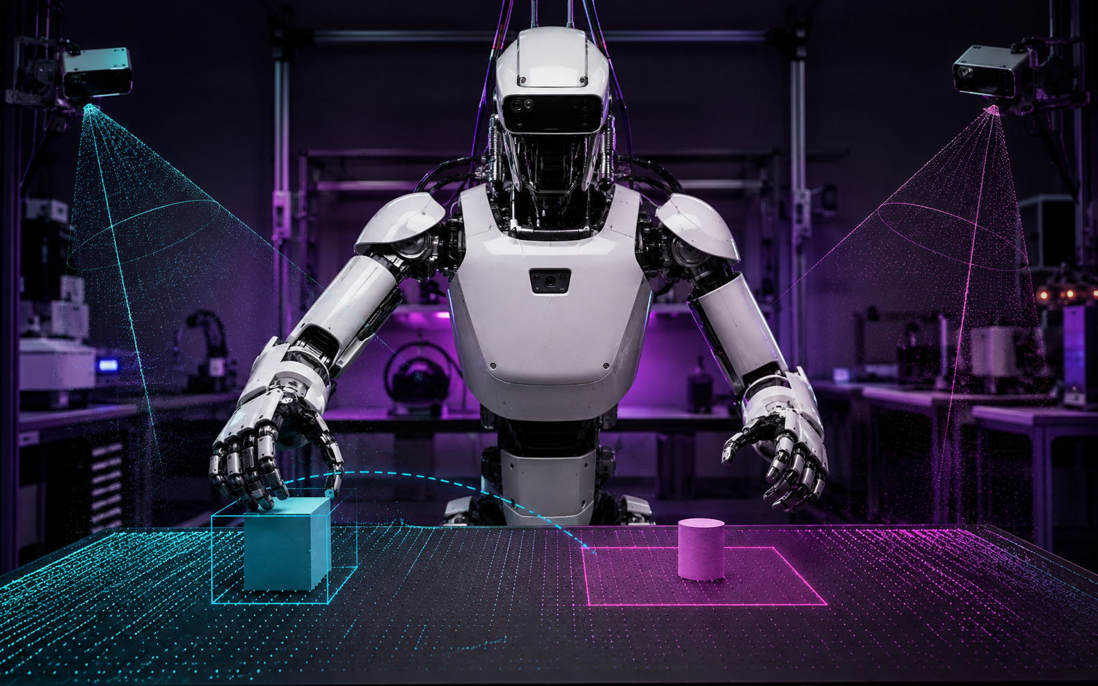 Modern humanoid research robot learning a clear tabletop manipulation task from synchronized camera and depth data